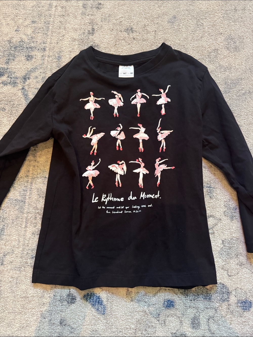 Zara Black Long Sleeve Tee with Pink Ballerina Motif